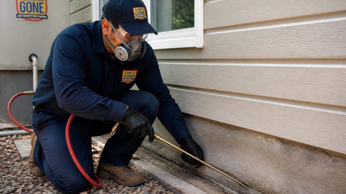 Professional pest control technician applying termite barrier treatment to the exterior foundation of a residential home, demonstrating proper technique and protective equipment use
