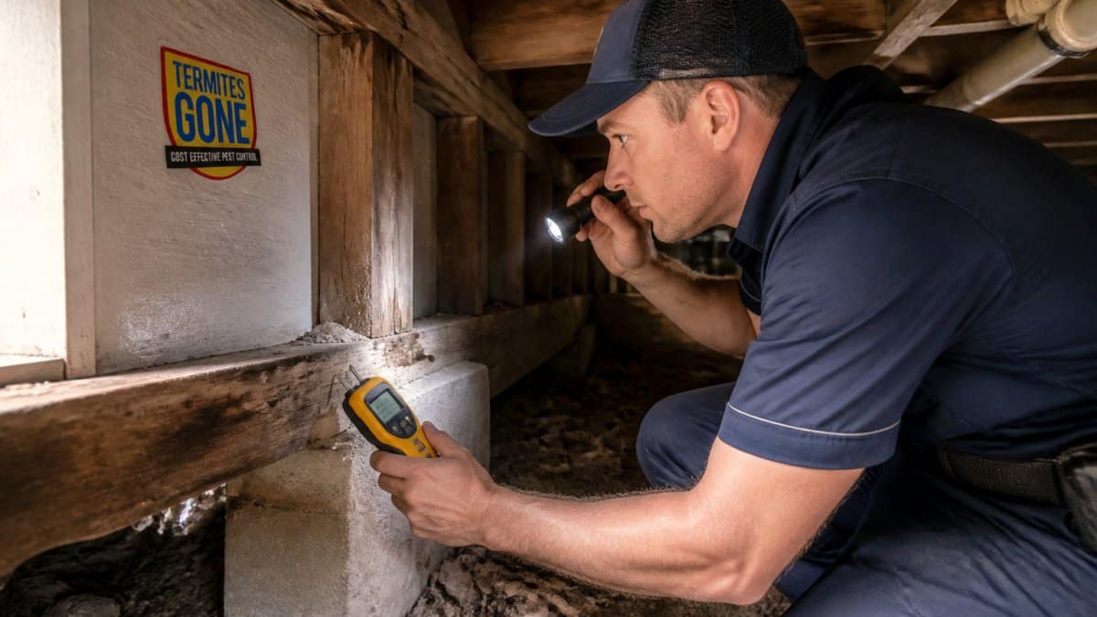 Professional pest control inspector using moisture meter and torch to examine timber subfloor areas and wall cavities in a residential property during termite inspection