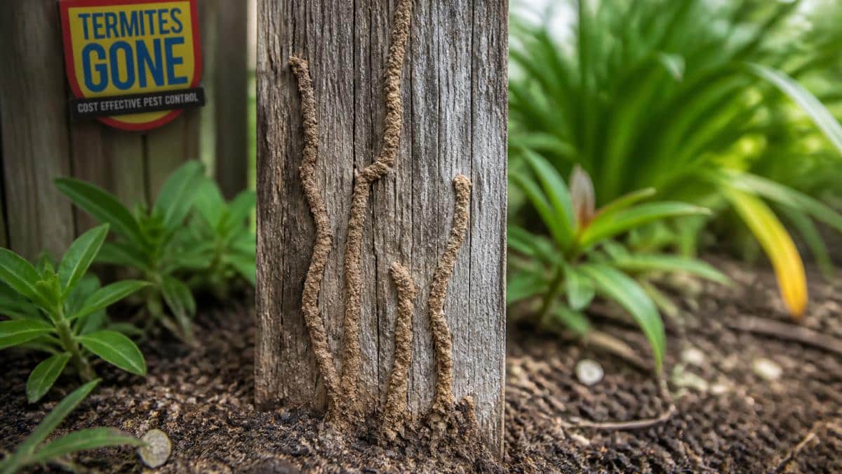 Close-up of brown mud tubes running vertically up a weathered wooden fence post in a garden, with soil visible at the base and green foliage blurred in the background