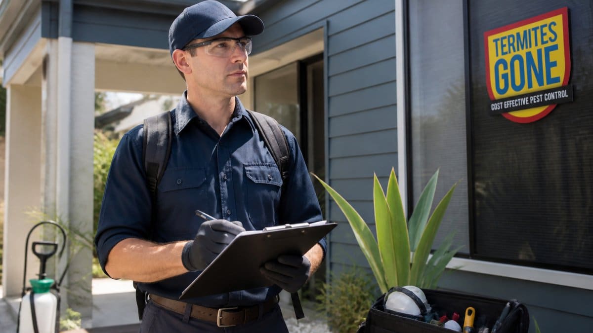 Professional pest controller in uniform and safety gear holding inspection clipboard, standing in front of residential property with inspection equipment visible