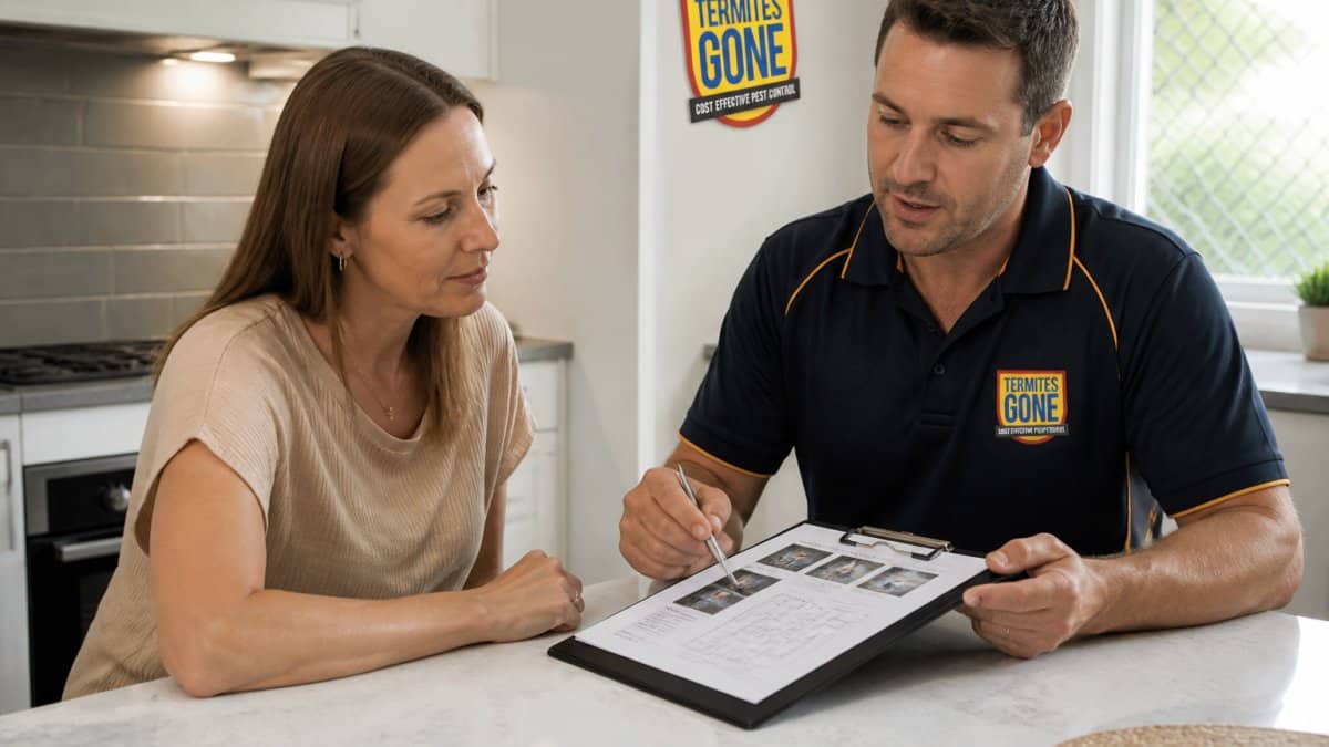 Homeowner speaking with uniformed pest control technician in residential kitchen, reviewing inspection findings and discussing treatment options with clipboard in hand