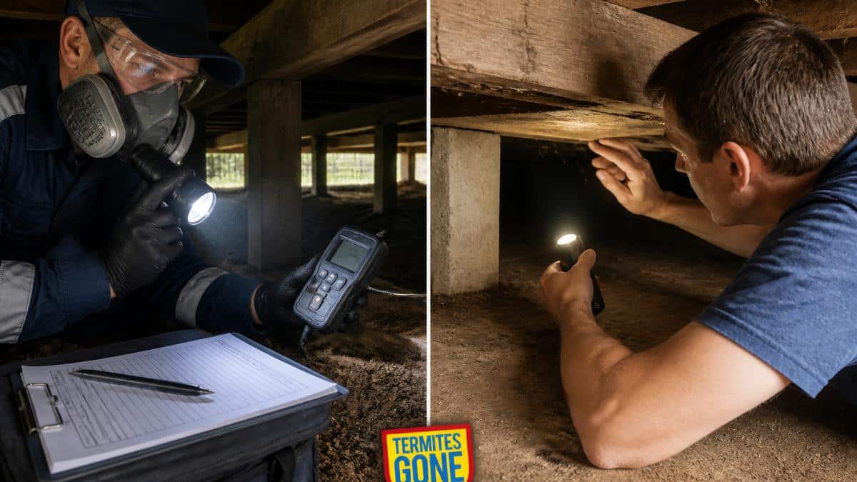 Professional pest control technician in protective equipment conducting thorough termite inspection of timber subfloor with specialized detection tools and detailed documentation clipboard