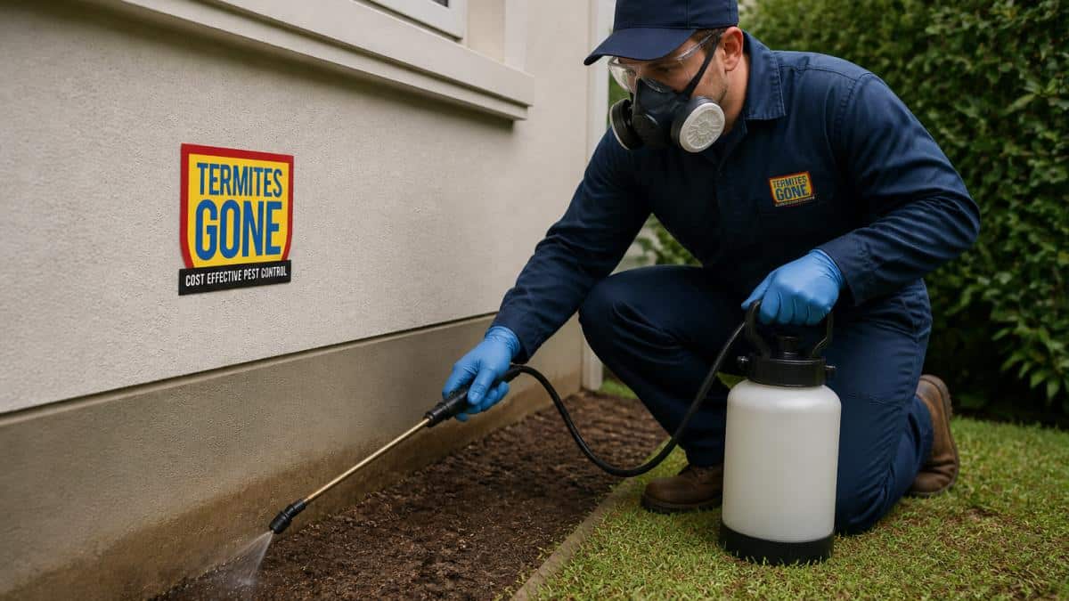 Professional pest control technician in protective gear applying liquid chemical barrier treatment around residential property foundation and soil perimeter, showing treatment application near building base