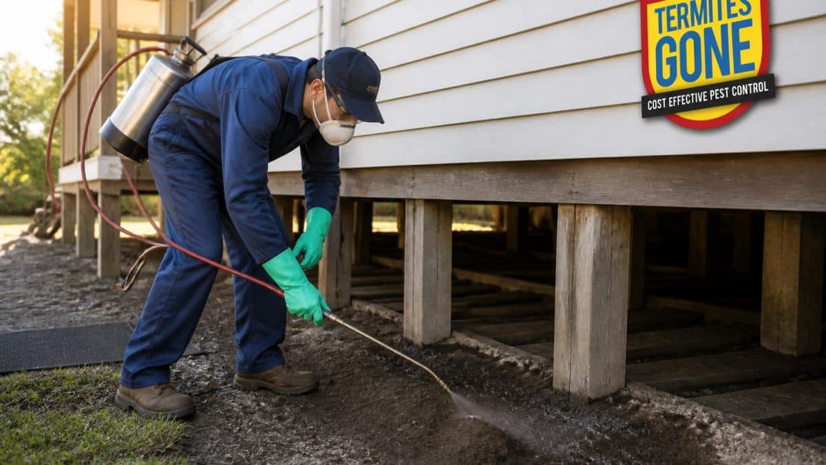 Professional pest control technician in protective gear applying chemical termite barrier treatment to soil around timber frame foundation of residential home, using spray equipment in morning sunlight