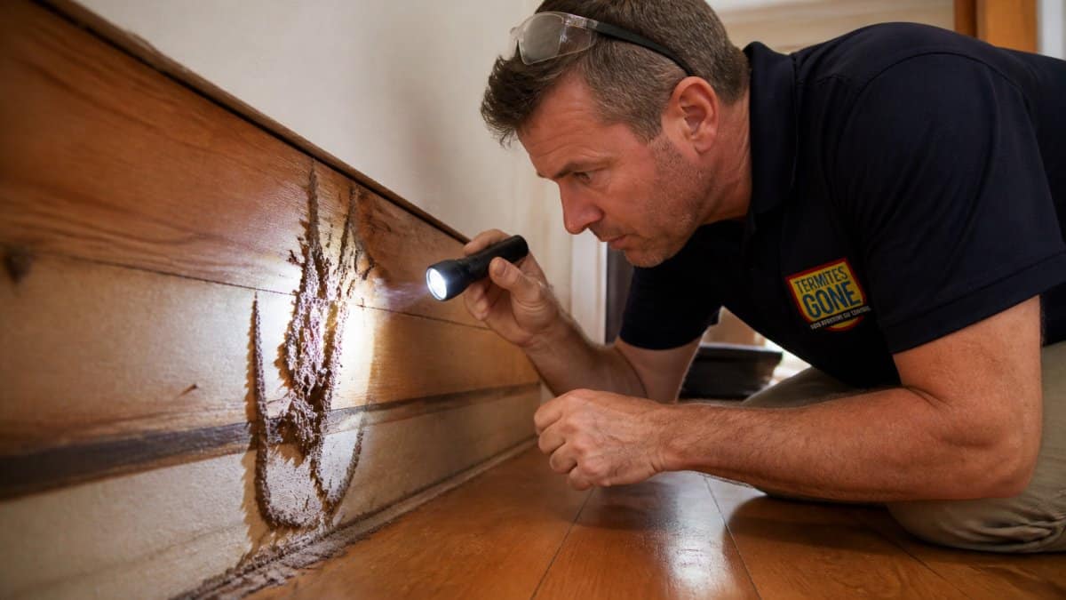 A homeowner crouching beside a timber skirting board with a torch, inspecting for mud tubes and damaged wood in a Queensland home, warm indoor lighting